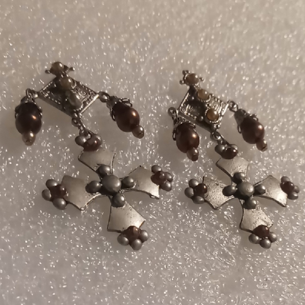 Dangling Cross Silver and Bronze Earrings.